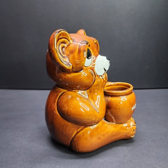 Vintage Bear with Honey Pot Bank Coin Bank Ceramic Glazed Brown 6'' Tall - Picture 3 of 6